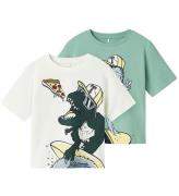 Name It T-shirt - 2-pak - NmmDino - Cloud Dancer/Creme de menthe